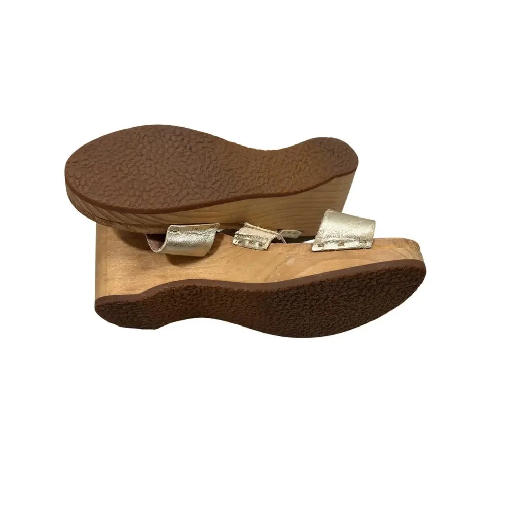 Free People Clog Sandals Womens EU 38 Gold Metallic Leather Dune Beach Wedge